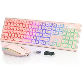 Wireless Keyboard and Mouse Combo - RGB Backlit, Rechargeable & Light Up Letters, Full-Size, Ergonomic Tilt Angle, Sleep Mode, 2.4GHz Quiet Keyboard Mouse for Mac, Windows, Laptop, PC, Trueque, Pink