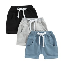 GINEVSAL Toddler Boys Short Trousers Casual Party Street Spring Summer Solid Color Drawstring Shorts (Black Grey Blue, 18-24 Months)