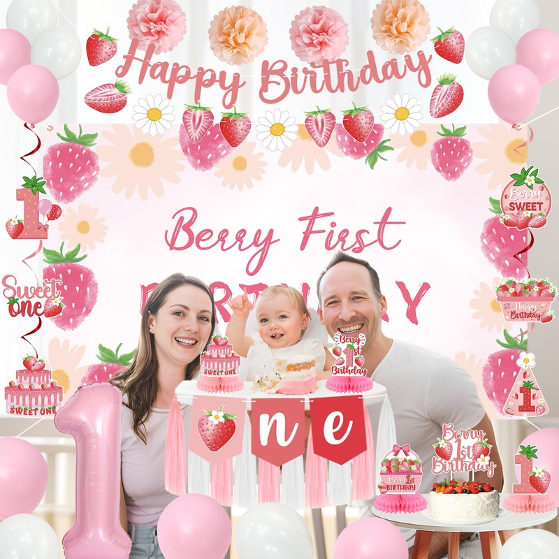 Holkcog 1 year old Strawberry Birthday decoration set