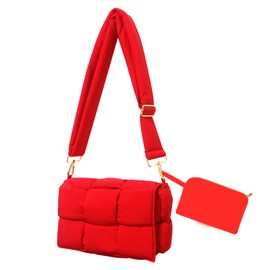 NAARIIAN puffer woven shoulder bag padded cassette handbag with coins organizer nylon light weight women crossbody purse(Red)