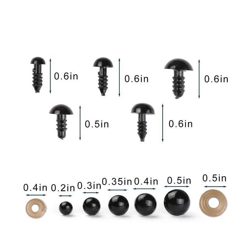100PCS 6mm-12mm Solid Black Eyes with Washers, Sewing for DIY