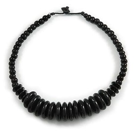 Avalaya Black Button and Round Wood Bead Wire Necklace/ 46cm Long
