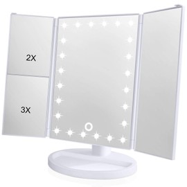 Espejo de Mesa, Espejo de Maquillaje Tríptico con Aumentos 1x, 2X, 3X, Espejo Cosmético Pantalla Táctil en Iluminacíon 22 Led, Carga con USB o...     