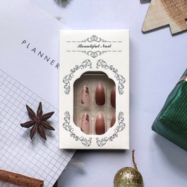 Fall Press on Nails Almond Shaped Fake Nails Gradient Brown False Nails with Brown Leaf Glitters Designs Glossy Medium Length Autumn Glue on Nails Full Cover Acrylic Nails for Women Girls Manicure