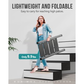 WOA WOA 4 Step Ladder, Foldable Step Stool, Aluminum Lightweight Ladder for Home Kitchen Closet, Anti-Slip Pedals, Ease of Folding, Portable, 300lbs Capacity - Black
