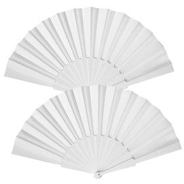 QKEINV 2 Pcs Folding Hand Fan Set, Folding Chinese Fan, White Fabric Hand Fans, Silk Fabric Plastic Ribs Handheld Fans for Dancing Cosplay Props Wedding Party Home Decorations Birthday Gifts