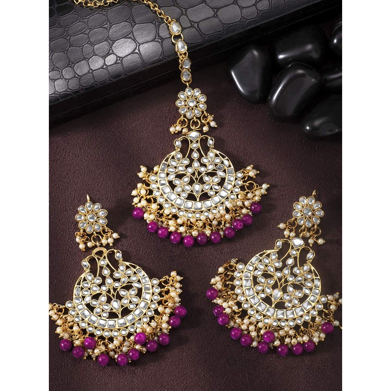 Aheli Indian Wedding Kundan Pearl Maang Tikka con pendiente Set