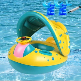 CXJYSD Flotador De Piscina para Niños con Toldo,Bonito Anillo Flotante para Brazo De Natación,con Asiento Flotante Y Toldo Inflable,Bomba Manual,2 flotadores de Brazo,1 Bomba de Aire Manual.(Bote)