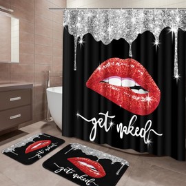 Arttown Black Bathroom Sets with Shower Curtain and Rugs and Accessories, Diamond Glitter Get Naked Shower Curtain Sets, Lips Shower Curtains for Bathroom,Black and Red Bathroom Decor 3 Pcs