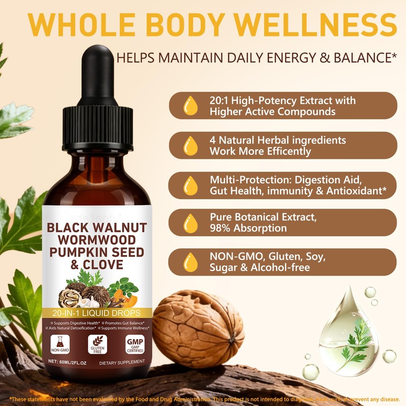 Wormwood Black Walnut Clove Cleanse drop For Humans Elimination, 20-in-1