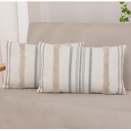 MissOwl Set of 2 Boho Tufted Throw Pillow Covers Modern Farmhouse Garden Decorative Pillowcase Cushion Cover for Couch Sofa Bed Living Room 12x 20 Khaki