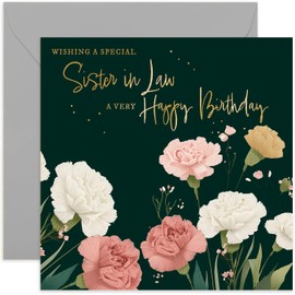 Sister in Law Birthday Card for Her - Sweet Dark Green Pink Peach Coloured Flowers Card with Gold Foil - Female Birthday Card for Family | Blank Inside with Envelope