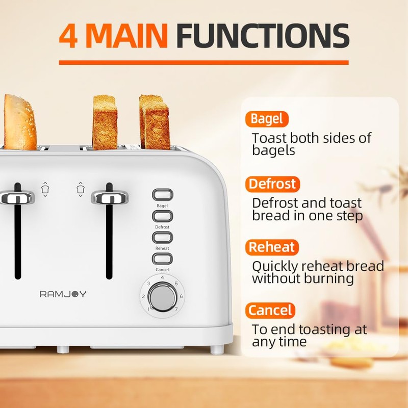 RAMJOY White Toaster 4 Slice, Dual Independent Controls, Extra Wide