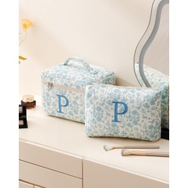 HBselect 2Pcs Initial Makeup Bag, Quilted Makeup Bag, Cotton Large Travel Makeup Bag, Cute Floral Coquette Make up Bag Cosmetic Bag Toiletry Bag for Women Girls P