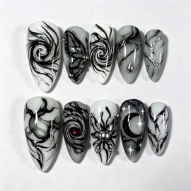 30Pcs Gothic Almond Press on Nails, Black Swirl Butterfly Moon Star Fake Nails, Halloween Marble Silver Y2K Full Cover Acrylic False Nails, Reusable Stick on Nails for Women Dark Manicure