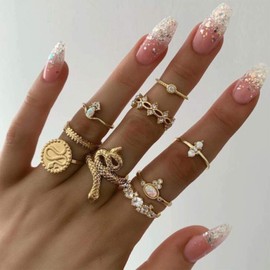 TseenYi Punk Snake Knuckle Rings Gold Moonstone Crystal Rings Set Stacking Retro Moonstone Joint Rings Vintage Midi Rings for Women and Girls