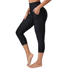 ATTRACO Swim Pants for Women High Waisted Swim Capris Swim Shorts Swimming Leggings, #4 Pockets-ruched Black, X-Large