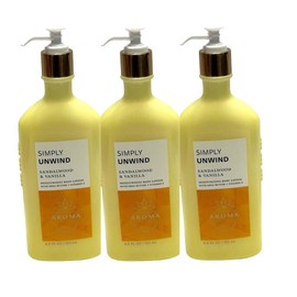 3 AROMA SIMPLY UNWIND SANDALWOOD VANILLA BATH BODY LOTION 6.5 oz