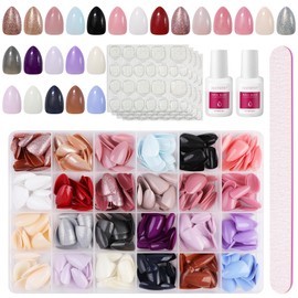 JUSTOTRY 24 Packs (576 PCS) Gel Almond Press on Nails Short,Multi Colour Glitter Oval False Nails with Glue and Nail File,Glossy Stick on Nails Short with Tape for Women,Fake Nails French for Nail Art