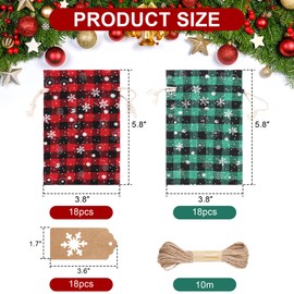 GlyinnHe 36PCS Christmas Drawstring Bag Buffalo Plaid Xmas Burlap Bag with Snowflake Bulk Jute Gift Goody Treat Bags with Kraft Tag for Xmas Holiday New Year Party Favors Supplies
