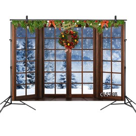 Christmas Wreath Window Backdrop Winter Blizzard Forest Snow Scene Snowflakes Photography Background Indoor Photo Booth Backdrops Party Banner Decoration 9X6FT