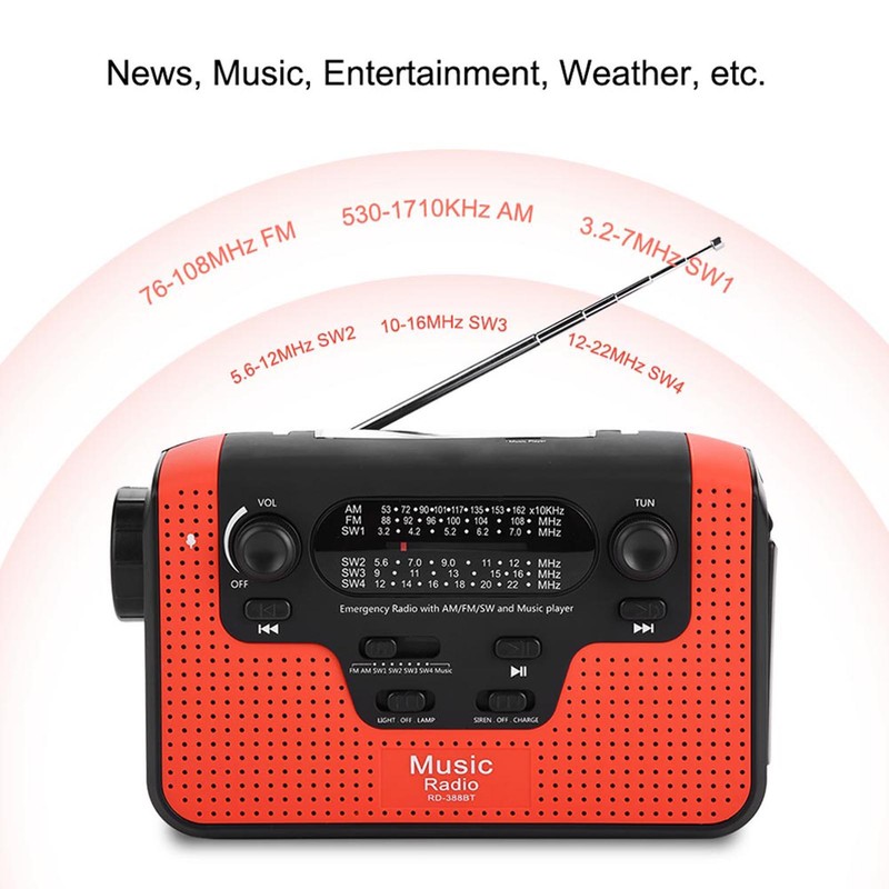 FM/AM/SW Solar Hand Crank Radio Memory Card Music for Bluetooth
