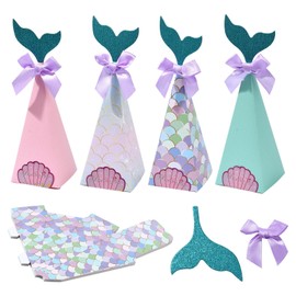 Ipotkitt 20pcs 4 Colors Mermaid Tail Shape Cardboard Boxes Ocean Theme Cone Wrapping Bags with Bow 3D Foldable Boxes for Display Presents Candies Cookies