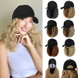 Cephermer Baseball Hat Wig,Hat with Hair attached 16'' Adjustable Black Cap with Wavy Curly Synthetic Bob Hair Extensions for Women Girls(Light Brown Mix Ash Blonde)