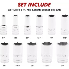 FS TOOL 14 Piece 3/8" Drive 6 Point Stubby Socket Set Metric Mirror Chrome Finish 6-19mm - 3/8"Dr., Mid-Length, 1/4" to 7/8"