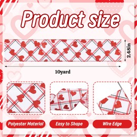 Habbiful 2.5"×10 Yards Valentine's Day Wired Ribbon Glitter Red Love Heart Ribbon for Crafts Wreath Bows Wrapping White Red Plaid Ribbon for Valentines Wedding Anniversary Party Decoration