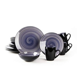 HomeVss, Sonoma Stoneware 16pc Dinnerware Set, Outside Black + Inside Hand Painting Color Cobalt