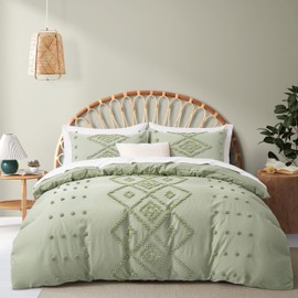 Oli Anderson Tufted Duvet Cover Queen Size, Soft and Lightweight Duvet Covers Set for All Seasons, 3 Pieces Boho Embroidery Shabby Chic Bedding Set (Mist Sage, Queen, 90"x90")