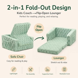 MallSingel Toddler Couch for Kids, 2-in-1 Kids Fold Out Couch with Flip Open Sofa Lounger, Soft Flannel Kids Sofa Chair for Playroom Bedroom, Green
