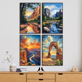4 Pack Framed Paint by Numbers Kit for Adults Beginner with Wooden Easel, National Park Paint by Number Kits with Frame, DIY Acrylic Landscape Painting by Numbers for Home Wall Decor Gift 8x12 inch