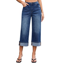 Vetinee Capris Jeans for Women Wide Leg High Waisted Trendy Fold Hem Summer Casual Stretchy Denim Jean Capri Pants High Rise Jeans Cute Classic Blue Small Fits Size 4 - Size 6