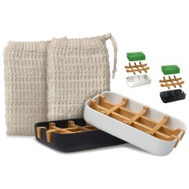 EDARTO 2 x Sustainable Eco Friendly Natural Bamboo Wood Soap Dish with Bamboo Fibre Draining Tray + 2 x Soap Bags / 100% Natural Sisal for Body Scrub