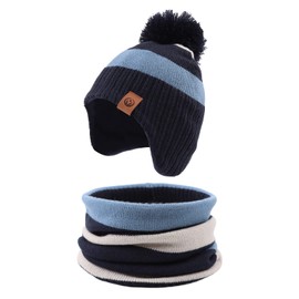 PEECABE Toddler Winter Hat Boys Girls Striped Knitted Beanie Pompom Kids Cold Weather Hat Scarf Set 9M-8Y (B-Sky Blue+Scarf, S)