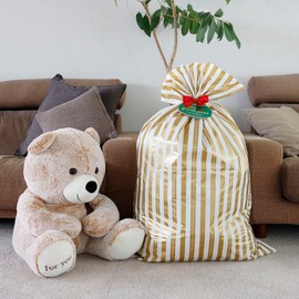HEADS AM-GDS-JB1 Christmas Wrapping Set, 29.5 x 45.3 inches (75 x 115 cm), Gold Stripe, 1 Piece, Flat Bag, Large Size, Wire Tie Included, Gift Tag Included