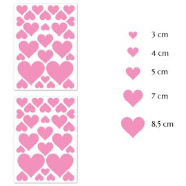 PREMYO Set of 54 Heart Wall Stickers Kids - Nursery Decor Easy to Apply - Decals for Bedrooms for Girls Rose Pink