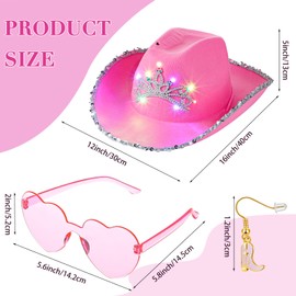 Geyoga 3 Pieces Western Cowgirls Hat, Heart Shape Glasses, Boots Earrings, Cowgirl Hats Cowboy Hats for Party (Pink, LED Style)