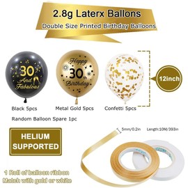 Yiran 15pc Black Gold 30th Birthday Balloons for Men Women, 12 inch, Happy 30th Birthday, Confetti, Unisex-Adults, Kids