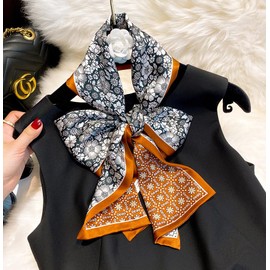 MEISEE 100% Mulberry Silk Scarf for Women 59”*6.3” Long Headscarf Neck Scarf Hair Wraps and Shawls with Gift Packed, Caramel and Black Flowers