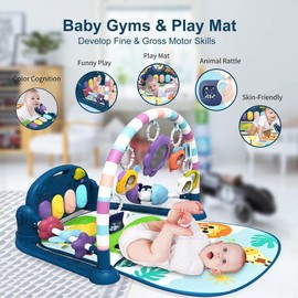 Dearlomum baby Play Mat Baby Gym,Funny Play Piano Tummy Time Baby Activity Mat with 5 Infant Sensory Baby Toys, Music and Lights Boy & Girl Gifts for Newborn Baby（Blue）