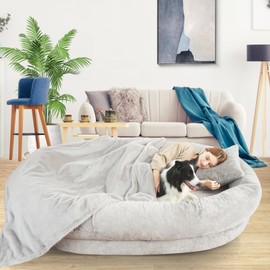 Fvkind Human Dog Bed for Adult, 71"x51"x12" Washable Orthopedic Human Size Dog Bed, Faux Fur Removable Adult Dog Bed for Humans Doze Off, Cozy Large Human Dog Bed Present Blanket and Pillow, Grey