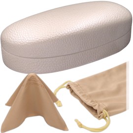 MyEyeglassCase Women Hard Sunglasses case - Hard Glasses Holder - Eyeglass Case Metal Hard shell Smooth Pearl Medium - Large frames comes w/drawstring Pouch & Cloth (AS113 PEARL)