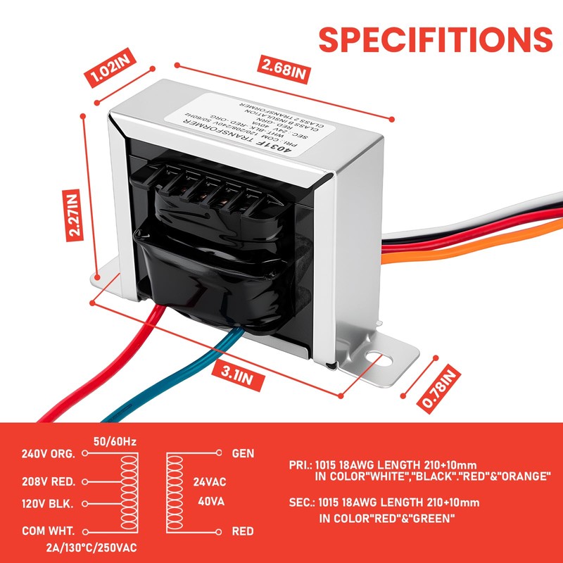 24V 40VA Control Transformer, Primary 120, 208, 240V Secondary 24V,
