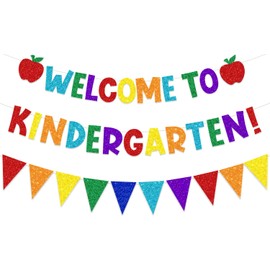 Welcome To Kindergarten Banner, Back to School Decorations, First Day of School Party Decorations for Classroom Office, Colorful Glitter Welcome Banner Pennant Bunting Garlands