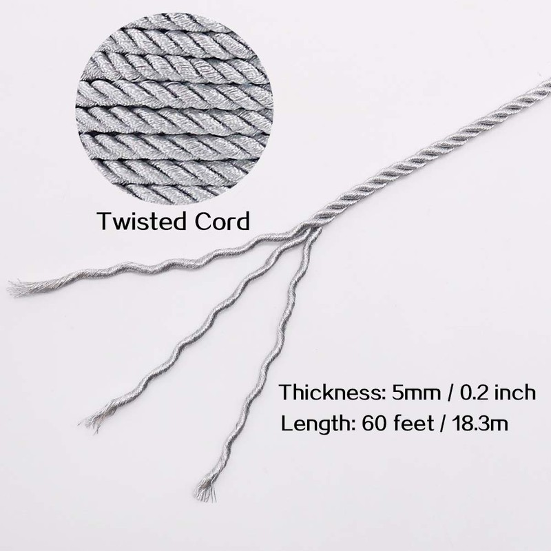 5mm Twisted Cord Trim, 18 Meters Silver Decorative Rope for