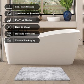 ConCus-T Fluffy Grey Bath Mat Area Rug for Girls Boys Bedroom Shag Faux Fur Girls Fluffy Gray Rug Cute Furry Mat for Tub Living Room, Light Grey, 50 X 80cm