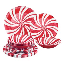 UPware 12 Piece Peppermint Melamine Dinnerware Sets, Outdoor Dishes Set, Plates and Bowls Sets, Christmas Decorations, Service for 4, Red